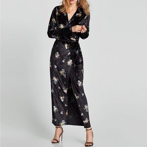 Zara Floral Print Velvet Robe Duster Wrap Tie Maxi Dress